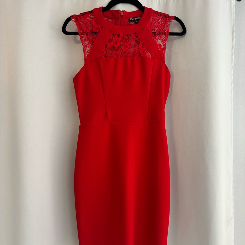 Express Red Lace-Inset Midi Sheath Dress